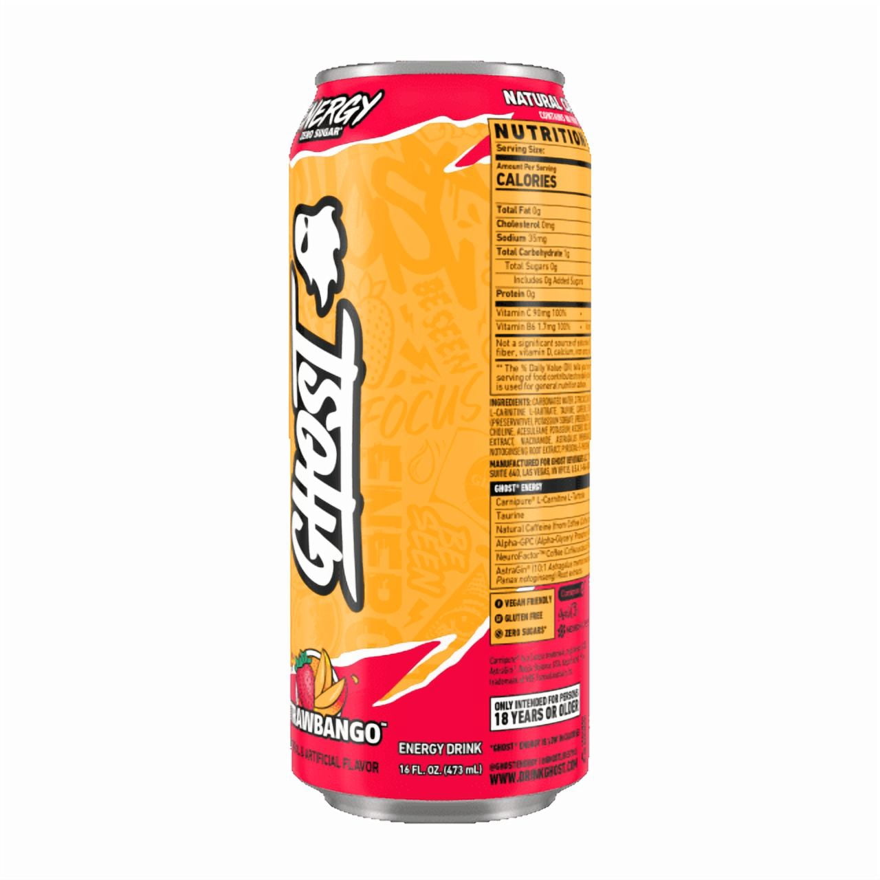 GHOST® ENERGY Zero Sugars Energy Drink, Strawbango, 200mg Natural Caffeine, 16 fl oz Can