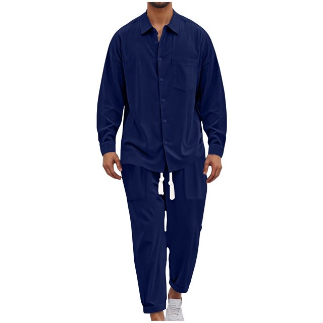 Man Leisure Solid Color Button Pocket Long Sleeves Shirt Beach Trousers Suit