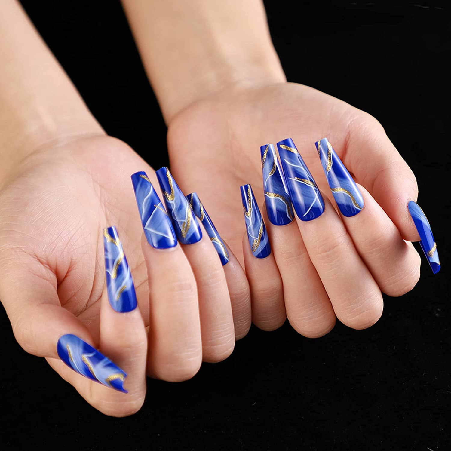 24 Pcs Press on Nails Medium Fake Nails Noble Blue Glue on Nails False Nails  with Glue & Adhesive tape Static Acrylic Nails for Women and Girls -  