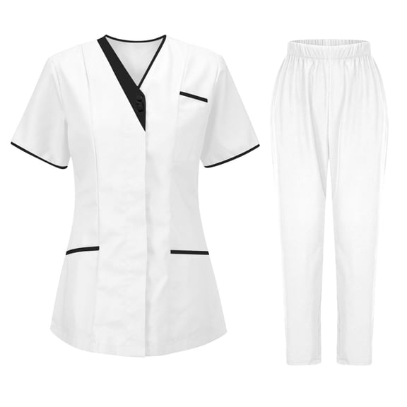 Women's Scrubs Set Color Block Mock Wrap Tops & Pull-On Pants Performance 4-Way Stretch Wrinkle Free Housekeeping Nursing Uniform for Spa Esthetician Dental Assistant