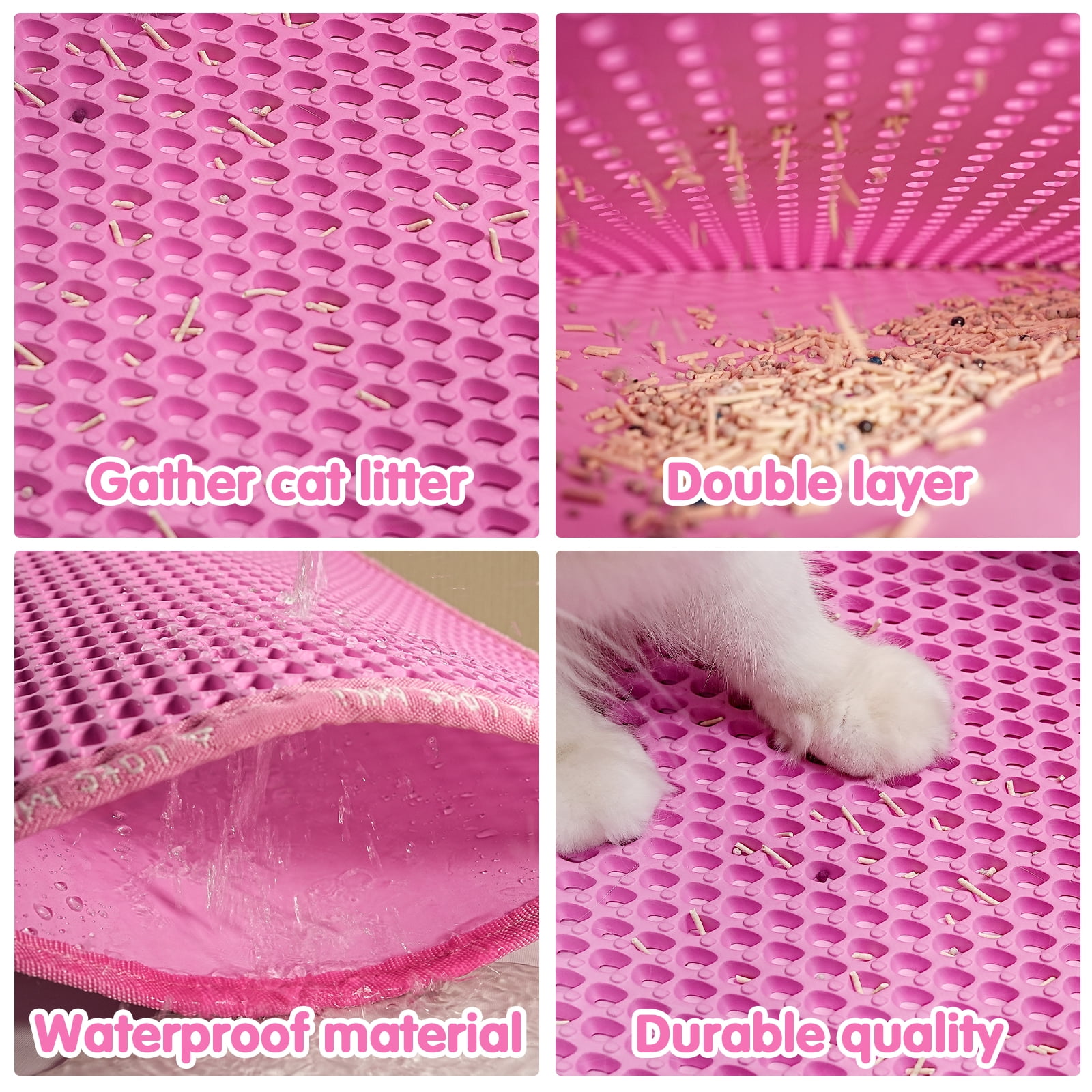 Cat Litter Mat, Kitty Litter Trapping Mat, Double Layer Mats with MiLi Shape Scratching design, Urine Waterproof, Easy Clean, Scatter Control 21" x 14" Pink