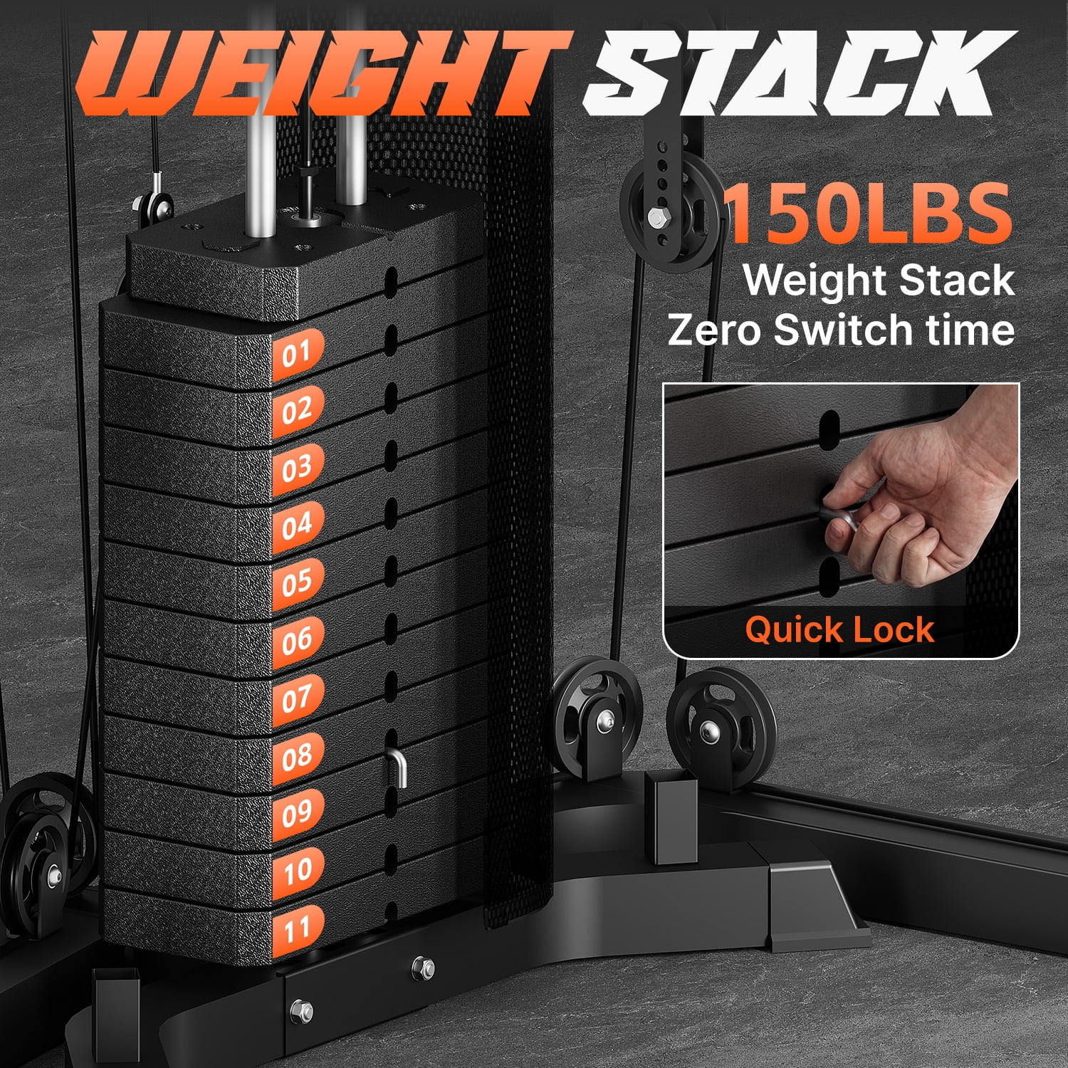 FORGEMUS Smith Machine Power Cage, Multi-Function Home Gym System with 150LB Weight Stack,LAT Station for Full Body Strength Training