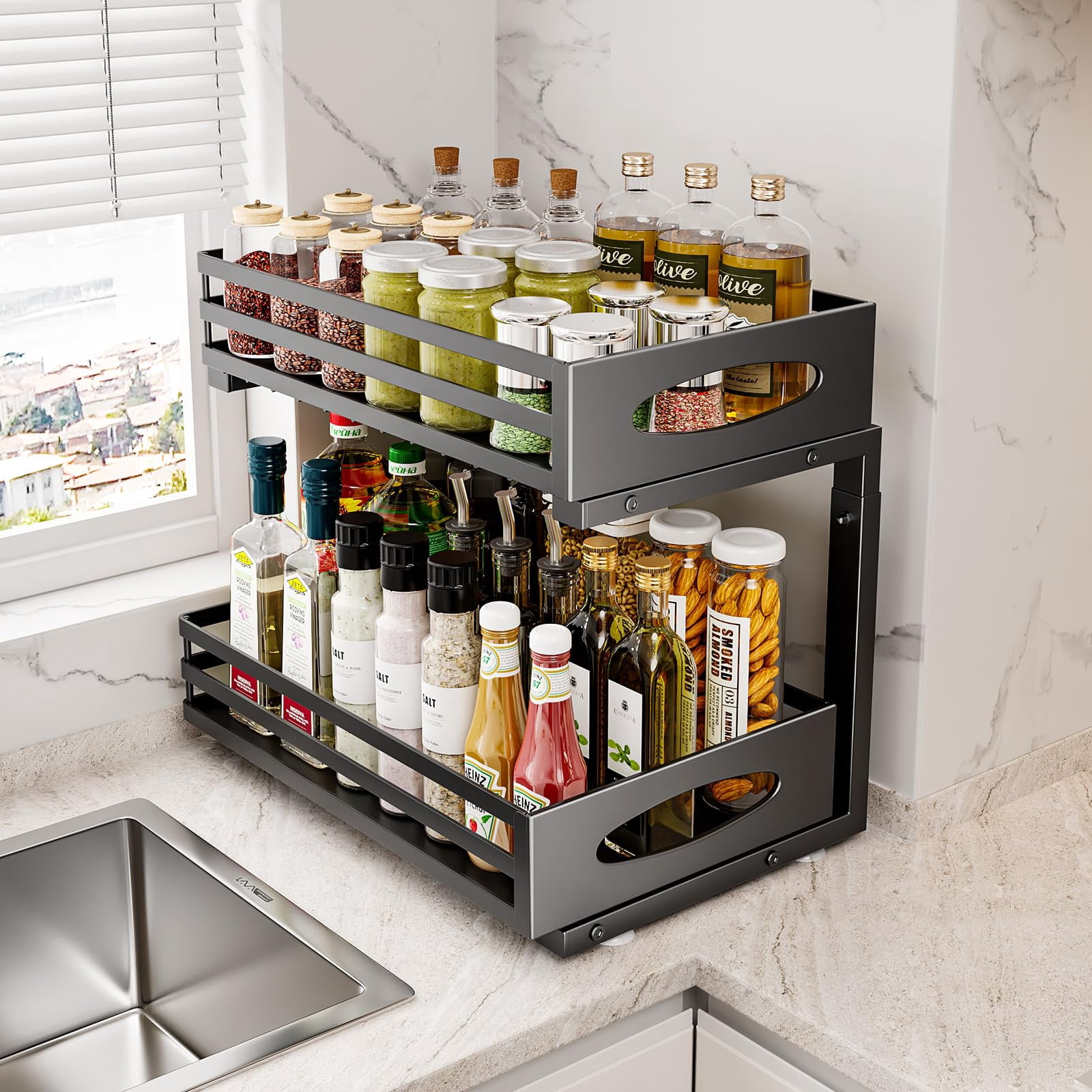 Under Sink Organizer 2 Tier Adjustable Height Slide Out Metal Cabinet Storage Drawer Shelf for Kitchen Bathroom White 1 Pack