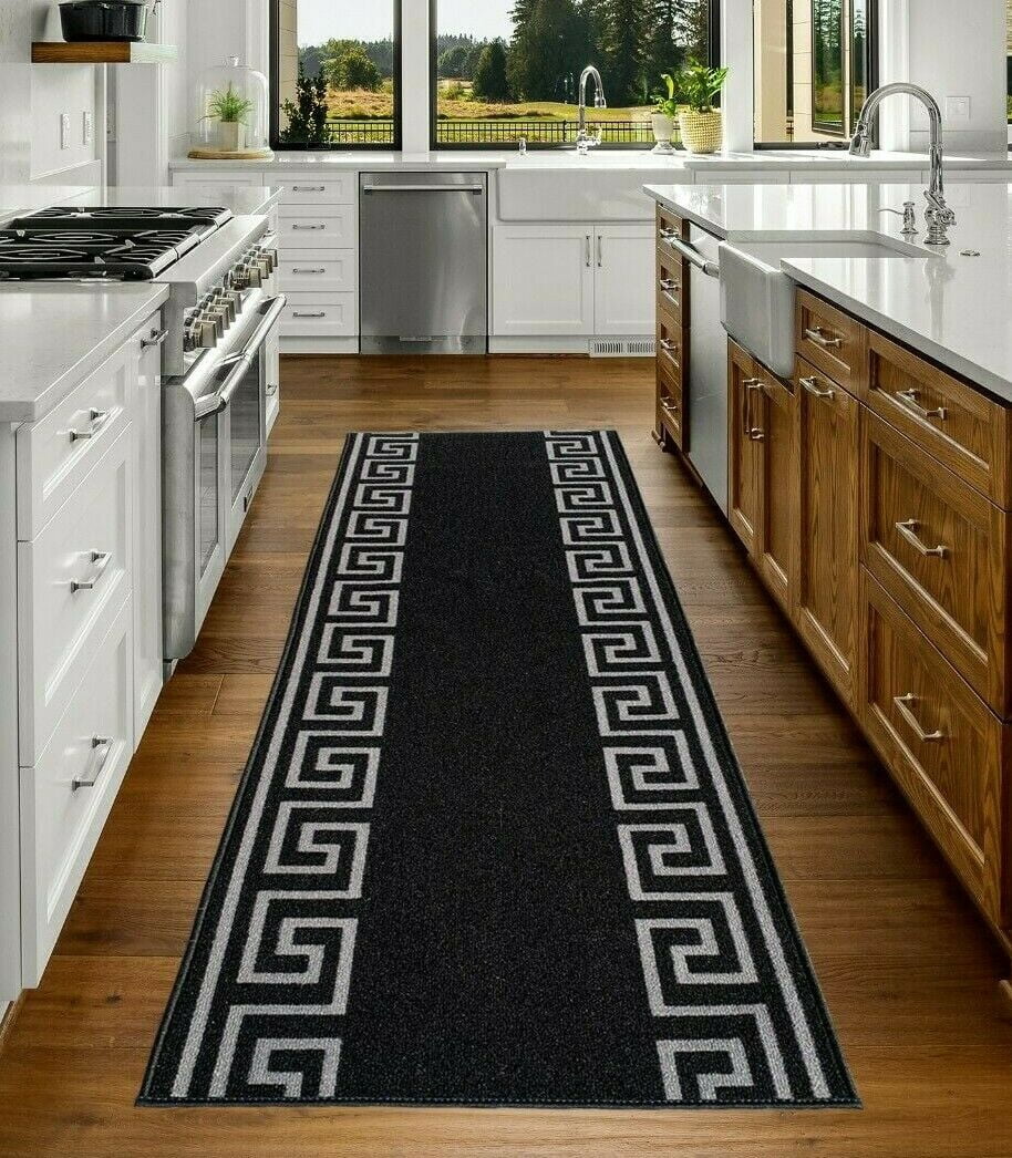 Runner Rug for Hallway Greek Key Print Design Black Silver Color 26 Inch or 31 Inch Wide by Your Length Choice Slip Resistant Rubber Backing Stain Resistant Pile Stair Runner