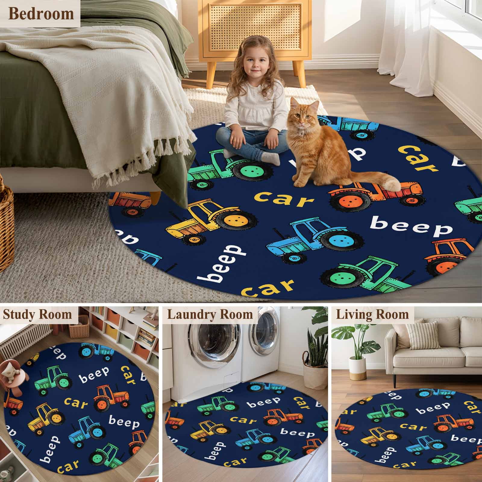 Cartoon Tractor Round Area Rug 6Ft Washable Circle Rugs for Bathroom Office, Cute Beep Car Digger Shovel Truck Navy Blue Non-Slip Carpet Floor Mats Indoor Outdoor Carpet Runner Aesthetic Home Decor