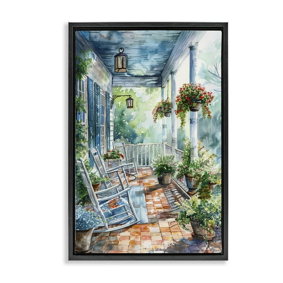 Stupell Industries Potted Geraniums Porch Buildings & Architecture Painting Black Floater Framed Canvas Art Print Wall Art, 17 x 25