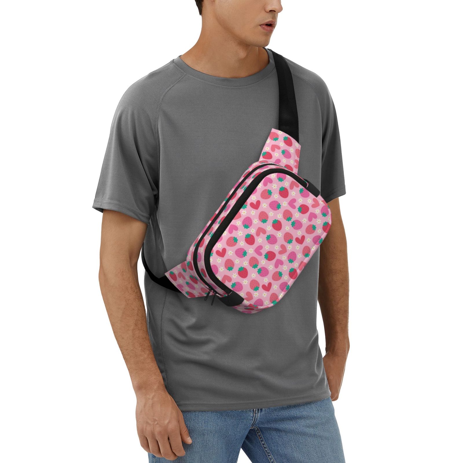 Picia Haear Strawberry Print Square Double-Layer Waist Bag Mini Adjustable Waist Belt Bag Exercise Running Travel Hiking