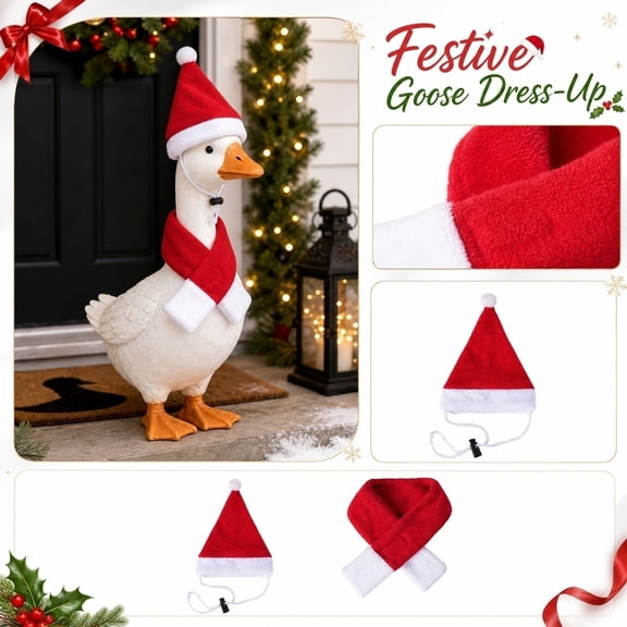 Christmas Goose Outfit with Santa Hat and Scarf, Festive Porch Goose Dress Up Clothes Set for Large Lawn Goose Statue, Holiday Outdoor Yard Decor, Red