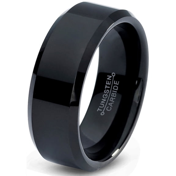 Charming Jewelers Tungsten Wedding Band Ring 8mm for Men Women Comfort Fit Black Beveled Edge Polished Lifetime Guarantee