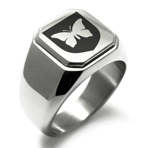Stainless Steel Butterfly Free Spirit Coat of Arms Shield Engraved Square Flat Top Biker Style Polished Signet Ring