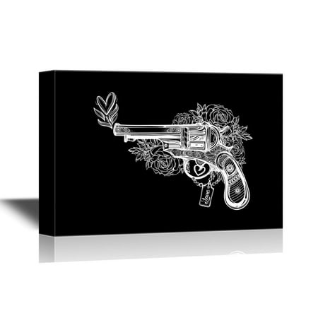 wall26 Canvas Wall Art - White Silhouette of Gun on Black Background - Gallery Wrap Modern Home Decor | Ready to Hang - 16x24 (Best Way To Hang Guns On Wall)