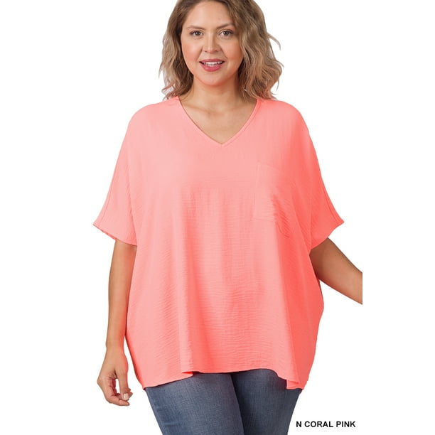 Zenana Women & Plus V Neck Woven Airflow Dolman Short Sleeve Blouse Top