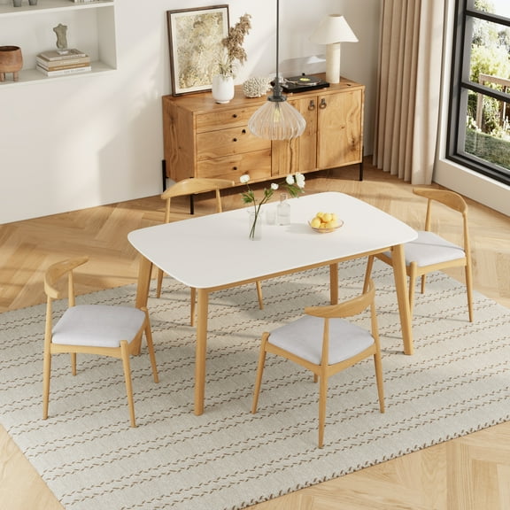 Harper & Bright Designs Minimalist Wood Dining Set for 4, 5 Pieces Rectangular Small Space Table Set with 4 Upholstered Chairs for Kitchen, Beige,White Oak