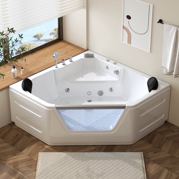 59 Inch Corner Jetted Tub - Luxury White Whirlpool Plastic Acrylic Bathtub with 7 Color Light Perfect for Couples' Relaxation and Wellness Home Spa,Perfect for Couples' Relaxation and Wellness