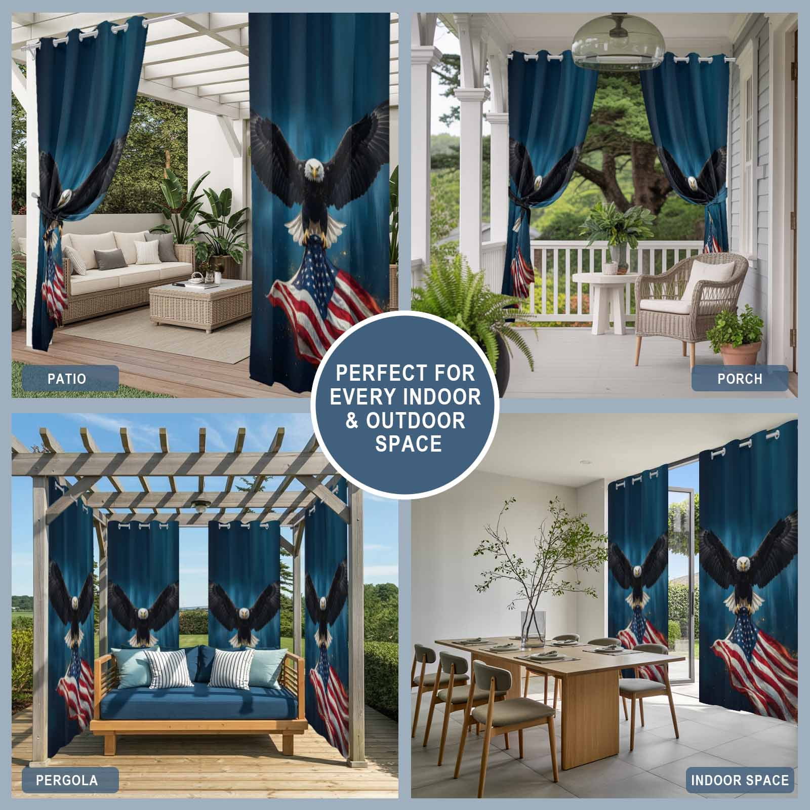Independence Day Outdoor Curtains for Patio, U. S. Flag Cool Soaring Bald Eagle Sunshade Privacy Drapes Grommet Waterproof Outside Curtains for Porch/Cabana/Balcony 54"x 108", 1 Panel