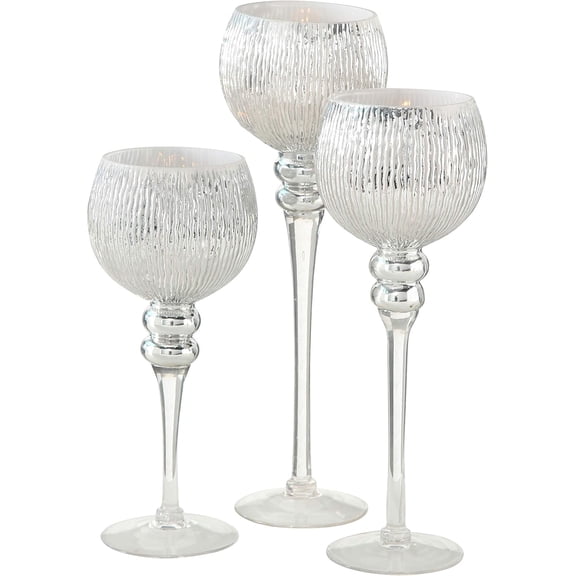 Spectacular Cape Cod Long Stem Candle Holders, Set of 3, Shimmery Silver, Ripple Glass, 5 Inch Candle Cup for Votive Candles, 15.75, 13.75 and 11.75 Inches