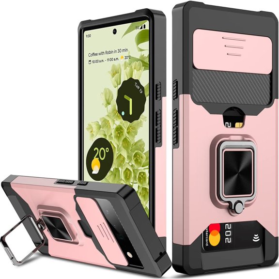 for Google Pixel 6 Case with Sliding Camera Cover Heavy Duty Protective Pixel 6 Case with Card Holder Magnetic Kickstand Case for Pixel 6-6.4 inch(Rose Gold)