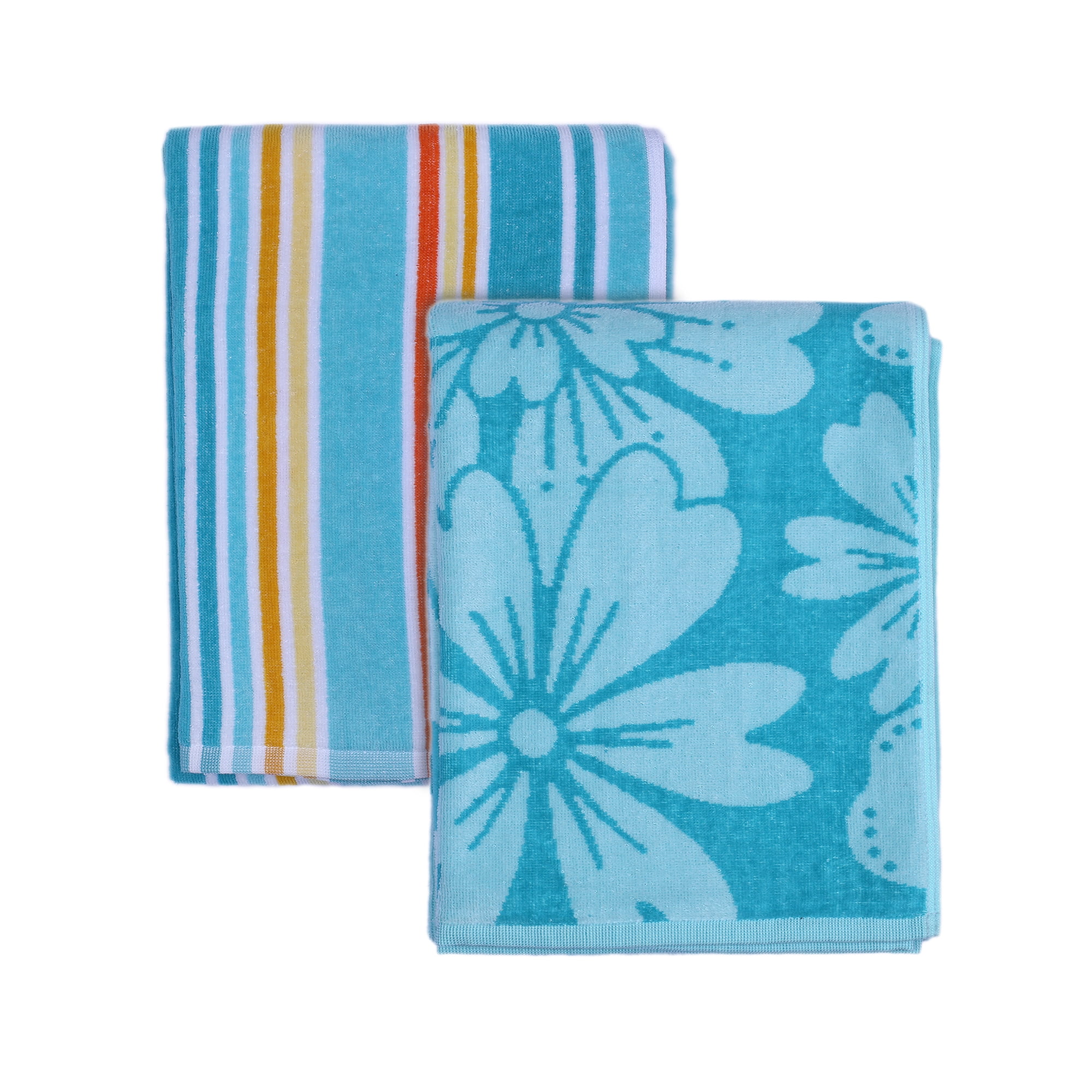 Mainstays 2-Pack Beach Towels, 58 in x 28 in, Green Flower & Stripes