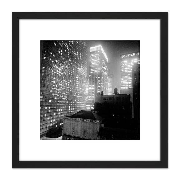 New York At Night Skyscrapers Vintage Photo 8X8 Inch Square Wooden Framed Wall Art Print Picture with Mount