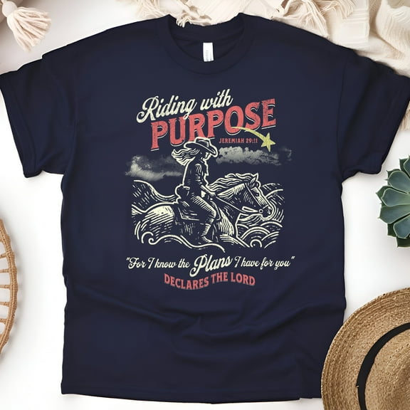 Women's Christian T-Shirt – Riding with Purpose Jeremiah 29:11 Graphic Tee, Cowgirl on Horse, Navy, Size S