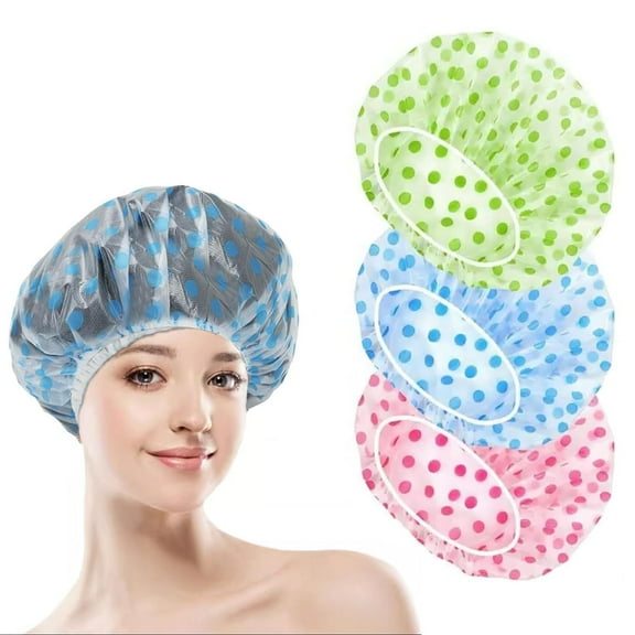 Shower Cap, Shower Hat Bath Caps with Elastic Band, Waterproof and Reusable, Coloful Dotted, 3 Packs