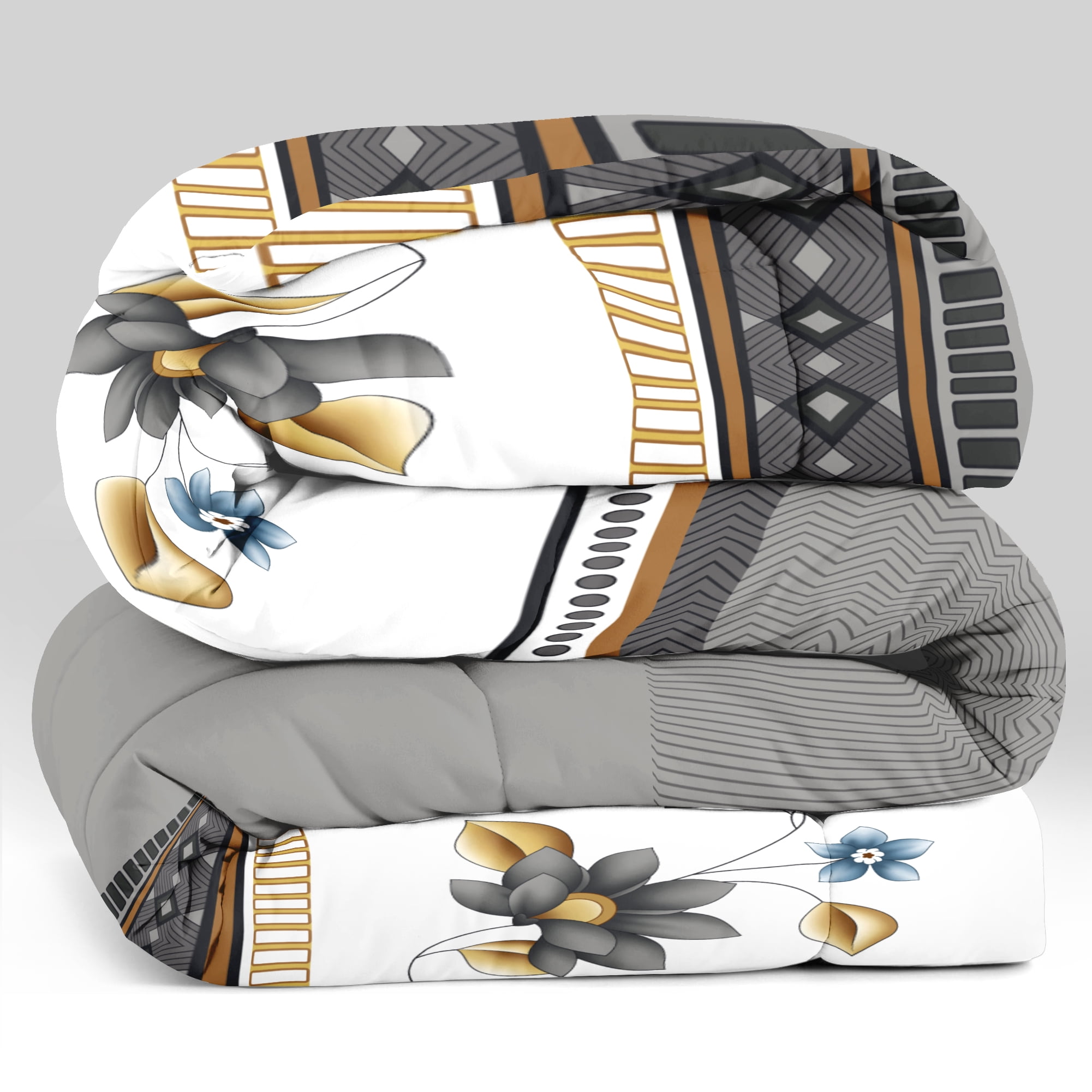 Grey & Gold Floral Geometric 4-Piece Queen Duvet Cover Set – 100% Bamboo Polyester, All-Season Bedding