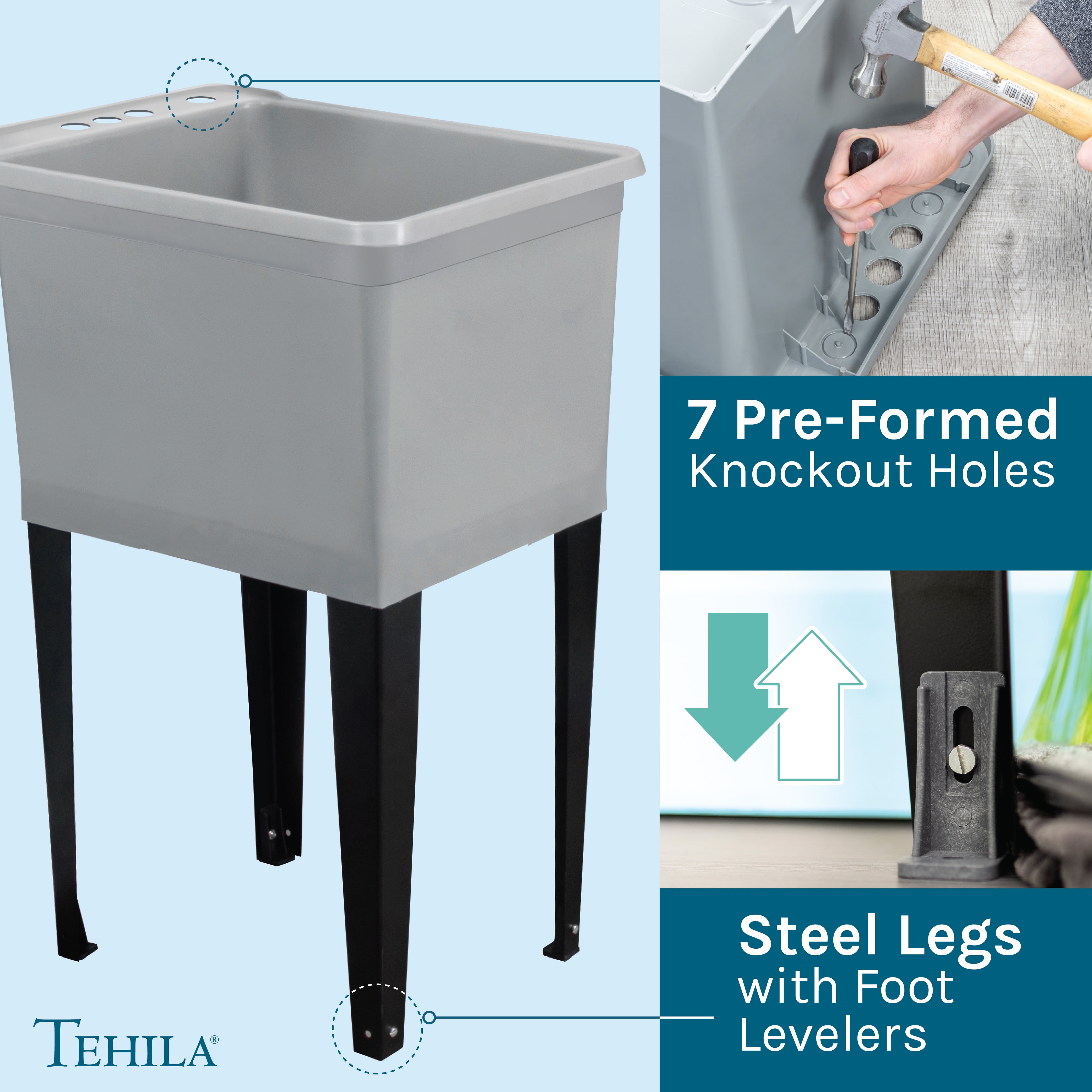Tehila Grey Freestanding Floor Mount Space Saver Utility Sink with Black Faucet for Laundry Room