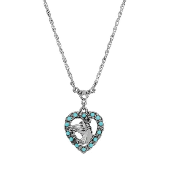 1928 Jewelry Heart Horse Head Turquoise Crystal Pendant Necklace For Women 16 Inch