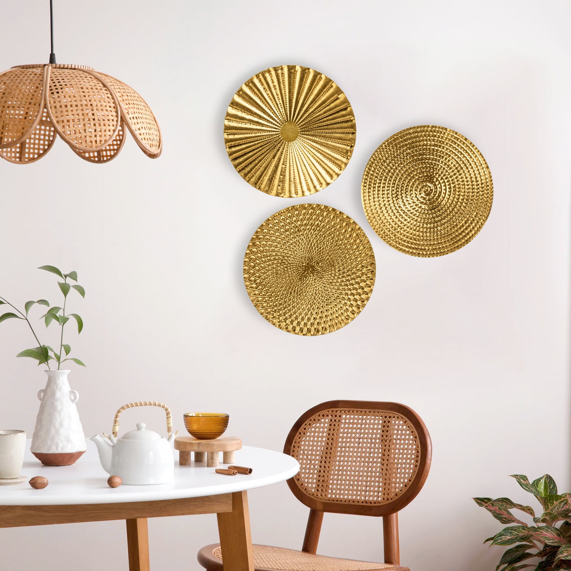 3Pcs 12" Gold Wall Decor Metal Starbursts Radial Plate Wall Art Modern Accent Hanging Wall Decorations
