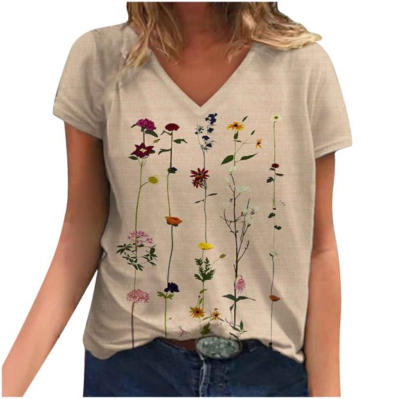 USSUMA Shirts for Women Dressy Casual Women's Short Sleeve Tunic Top V Neck Floral Print Shirt Oversized Summer Casual Blouse