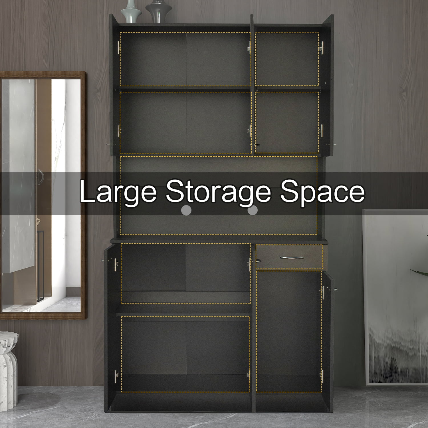 JOYSOURCE Kitchen Pantry Cabinets with 6 Doors and 3 Adjustable Shelves, 71" China Cabinet Hutch with Freestanding, Buffet Cabinet with Storage, Microwave Stand with Storage Cabinet, Black