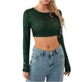 thumbnail image 2 of Spring Tops for Women Womens Long Sleeve Tops Cropped Women's Sexy and Fashionable Beaded T-shirt with Sequins Solid Color Exposed Navel Long Sleeved Top Green L, 2 of 6