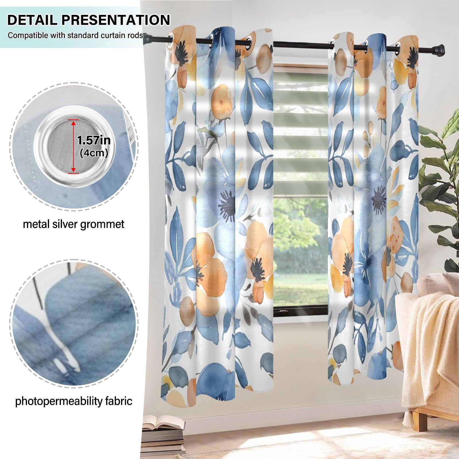 Flowers Leaves Painting Blackout Curtains Thermal Insulation 63 inch Grommet for Bedroom Living Room Bathroom Kitchen Windows 2 Pack