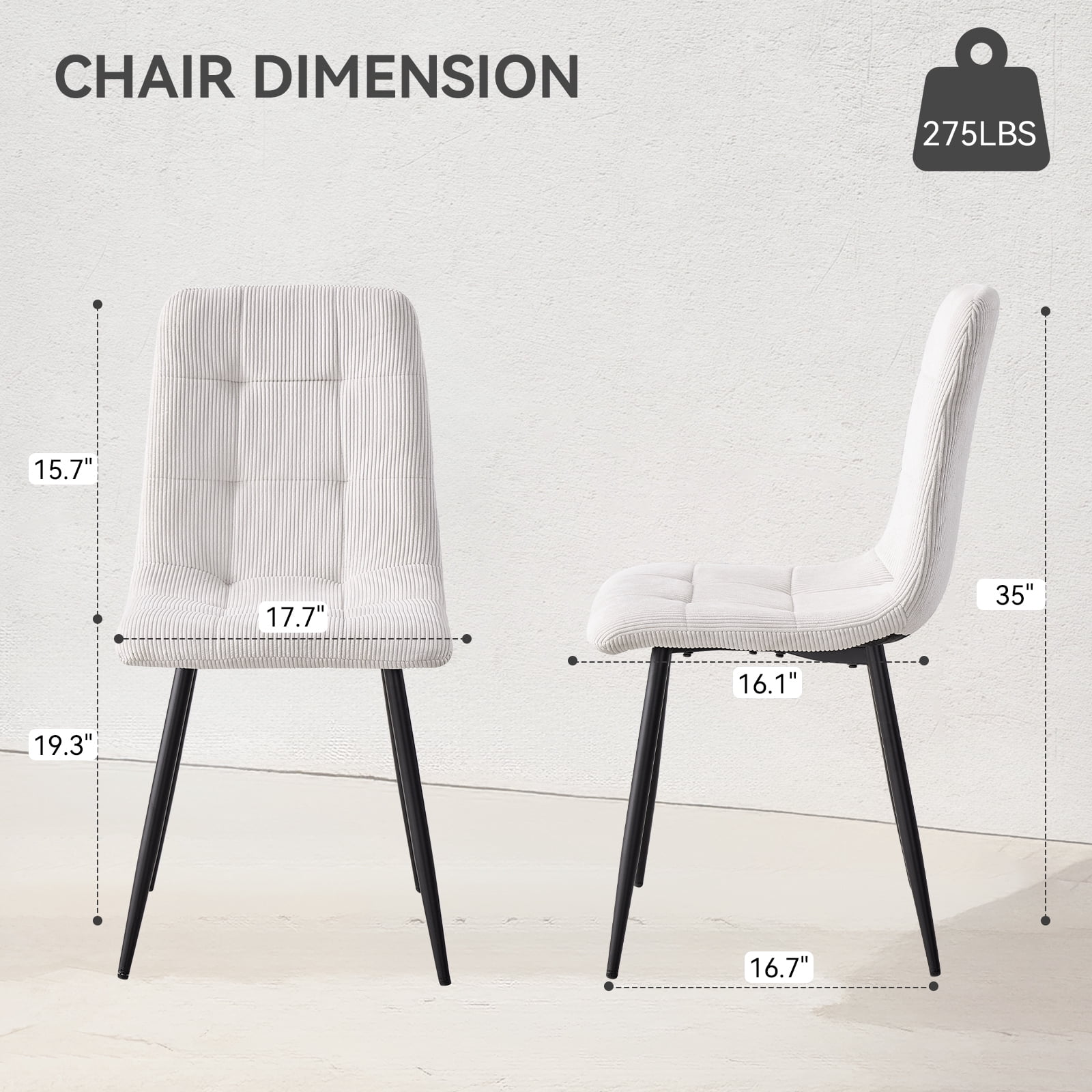 Corduroy Dining Chairs Set of 4, Modern Upholstered Fabric Kitchen Chair with Metal Legs for Living Dining Room, Apartment, Side Chairs with Thick Cushions, White