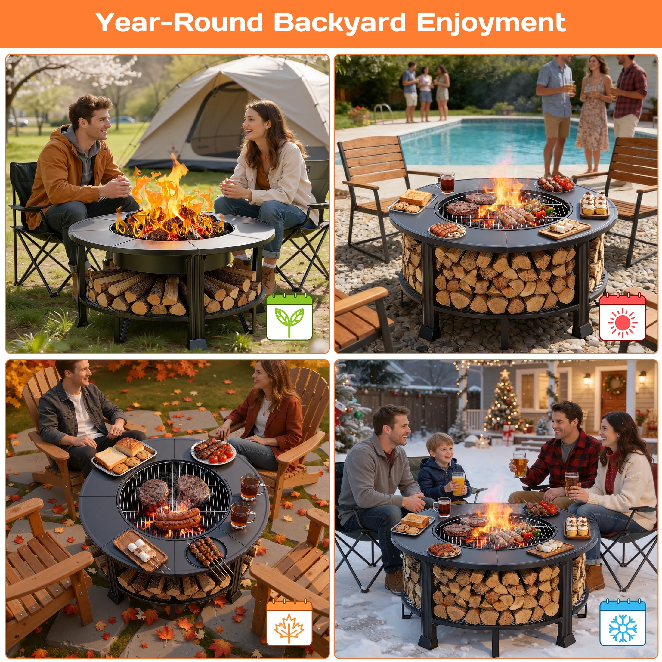 38" Fire Pits for Outside, SEGMART Outdoor Fire Pit, Round Wood Burning Fire Pit with Grill, Poker, Waterproof Cover, Fire Pit Table for Patio BBQ, Backyard Fire Pit, Firepit for Outside Patio, Black