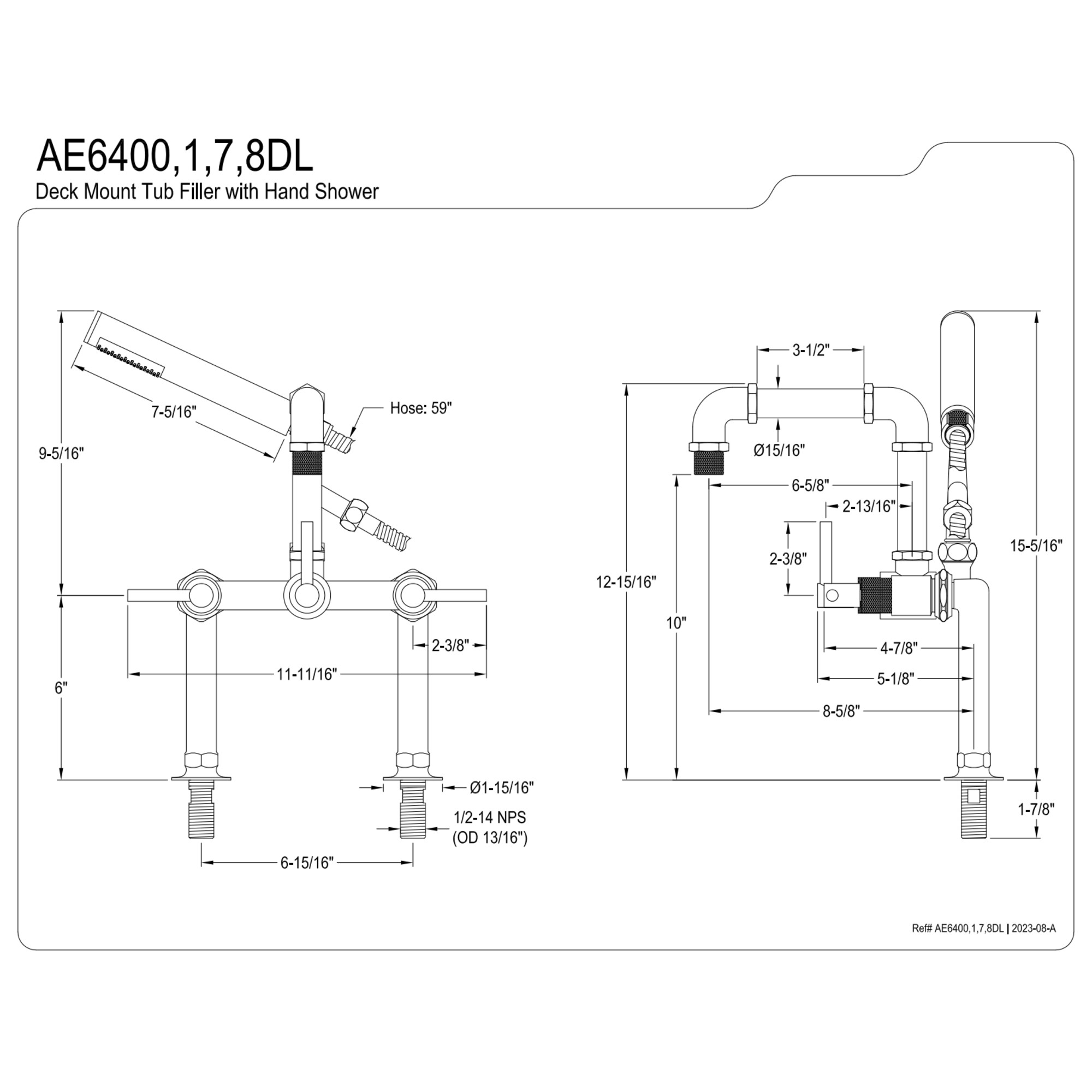 Kingston Brass AE6400DL Concord 7" Center Deck-Mount Clawfoot Tub Faucet with Hand Shower, Matte Black