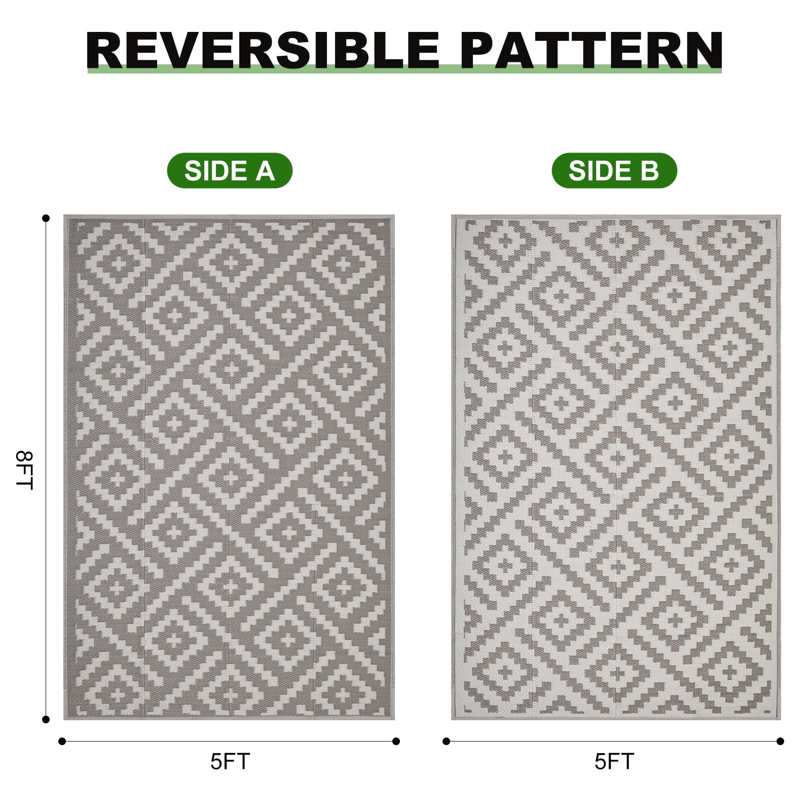 Outdoor Plastic Waterproof Rug 5'x 8' for Patio, Porch, Deck, Backyard, Balcony, Reversible