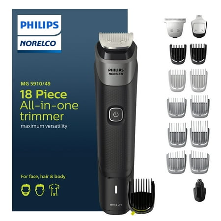 New Philips Norelco Multigroom Series 5000 18 Piece, Beard Face, Hair, Body and Intimate Hair Trimmer For Men - No Blade Oil MG5910/49