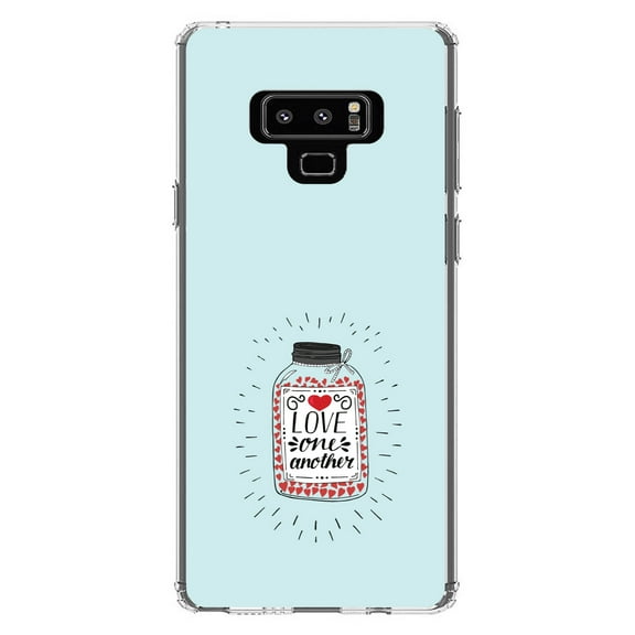 DistinctInk Clear Shockproof Hybrid Case for Samsung Galaxy Note 9 - TPU Bumper, Acrylic Back, Tempered Glass Screen Protector - Love One Another - Heart / Jar