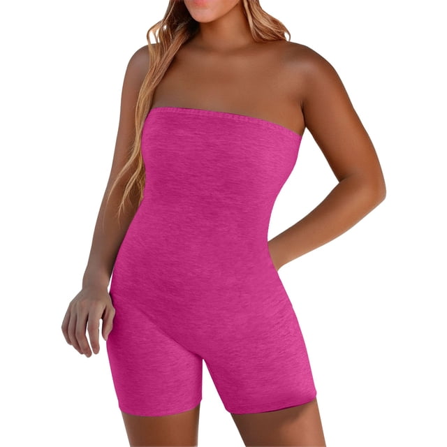 Fadeal Strapless Shapewear! Women's Strapless Tube Bodycon Romper Shorts Jumpsuit Body Shaper Tummy Control Hot Pink M