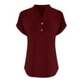 thumbnail image 3 of Fesfesfes Women's Fashion T-shirt Solid Color Textured V-Neck Short Rolled Sleeves Tops Summer Casual Outdoor Button-Front Blouses(Wine,S), 3 of 4