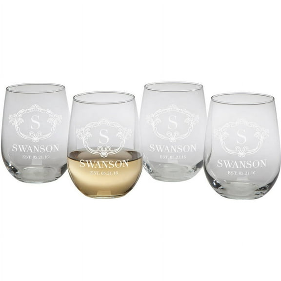 Vintage Family Monogram Stemless Wine Glasses, Set of 4