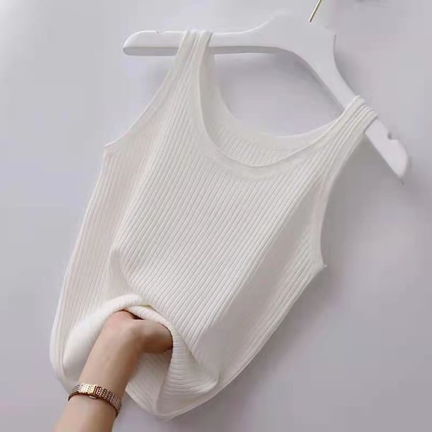 Chaleco sexy sin mangas para mujer, camisola de punto con cuello redondo, camiseta blanca y negra de Color puro, camiseta sin mangas ajustada de talla grande