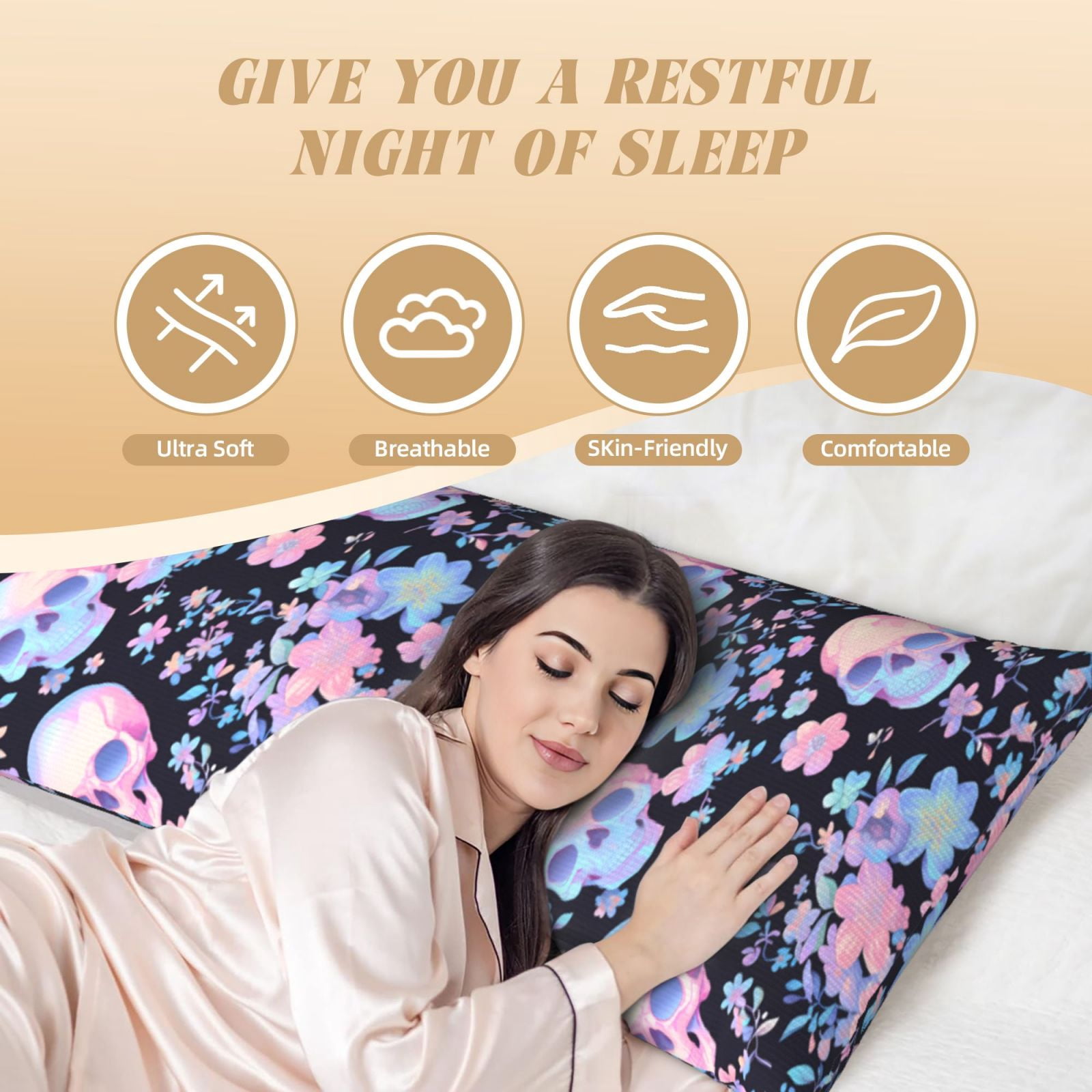 Naloa cool Skull flower Super Soft 20x60 Body Pillow Case,Long Side Hidden Zipper（PILLOWS ARE NOT INCLUDED）