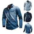 thumbnail image 2 of Qingpeng Mens Lapel Denim Shirt Long Sleeve Button Outdoor Work Casual Cut Jean Shirts with Pockets, 2 of 4