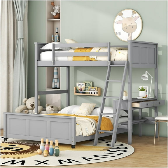 JERFIT Over Full Bunk Bed with Desk Gray