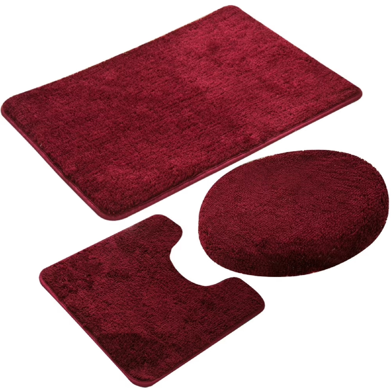 Eurhowing Bath Rug Set 3-Piece, Microfiber Non-Slip Absorbent Bathroom Mat Set, Ultra Soft Bath Mat with U-Shaped Contour Rug & Toilet Lid, Wine