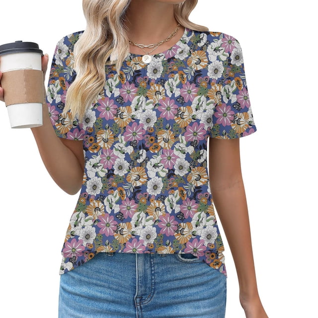 Puntoco Liquidación de blusas cortas para mujer Blusa informal de manga corta con cuello redondo a la moda para primavera/verano para mujer