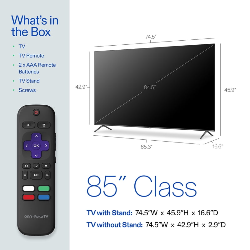 onn 85" Class 4K UHD Roku Smart Television, 100150805 display and camera view