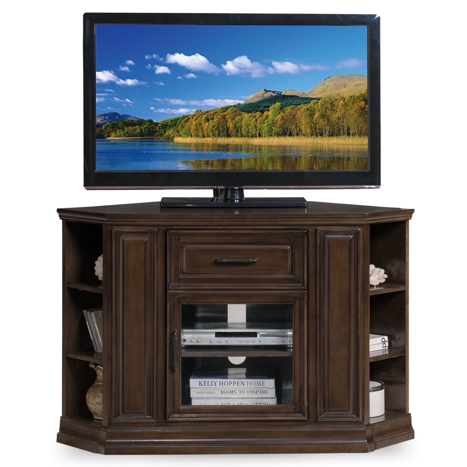 Leick Home 32 High Corner Tv Stand W Bookcase For S Up To 52 Buffed Pecan